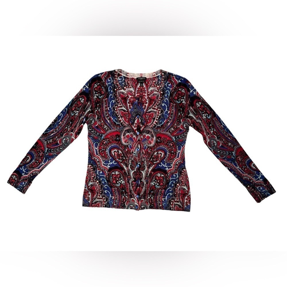 Talbots Medium Petite Red and Blue Paisley Pure Merino Wool Cardigan